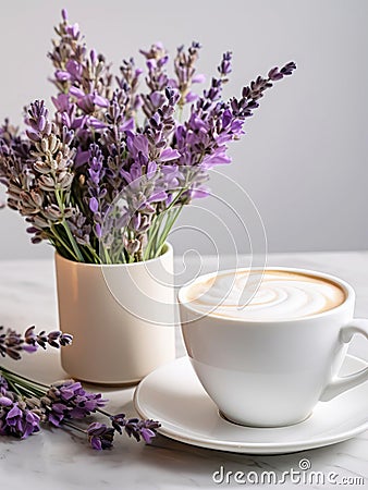 Cup of cappuccino and bouquet of lavender flowers in a vase. Stock Photo