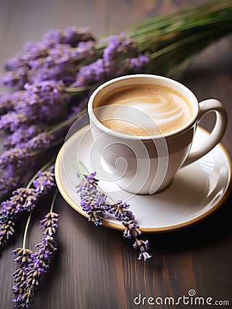 Cup of cappuccino and bouquet of lavender flowers. Stock Photo