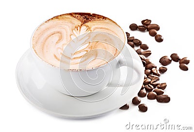 Cup of cappuccino coffee and coffee beans. White background. Stock Photo