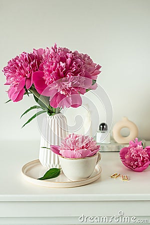 Cup with cappuccino, flowers peony Stock Photo