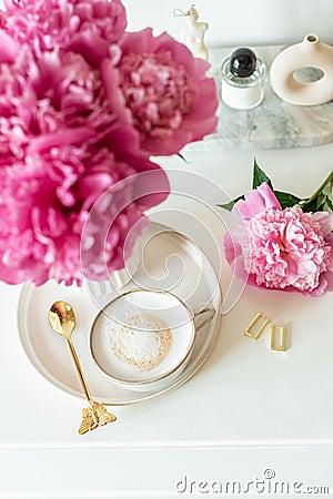 Cup with cappuccino, flowers peony Stock Photo