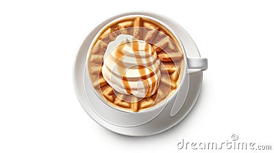 Coffee and waffles with whipped cream and raspberries. Coffee Concept With Copy Space Stock Photo