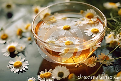 A cup of chamomile tea with a teabag and chamomile flowers floating on the surface, representing relaxation, wellness, and herbal Stock Photo