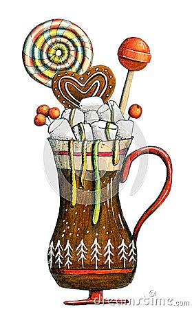 Cup with cocoa, coffee or tea with christmas decor - candies, lollipop, gingerbread and berries. Cartoon Illustration