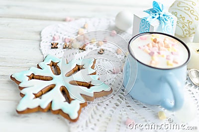 Cup of cocoa with marshmallows and glazed christmas gingerbread Stock Photo