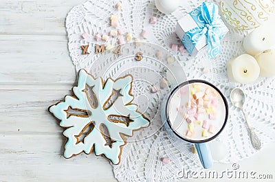 Cup of cocoa with marshmallows and glazed christmas gingerbread Stock Photo