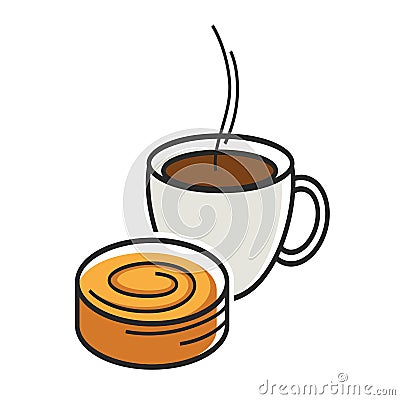 Cup of coffe with steam and sweet tasty bun Vector Illustration