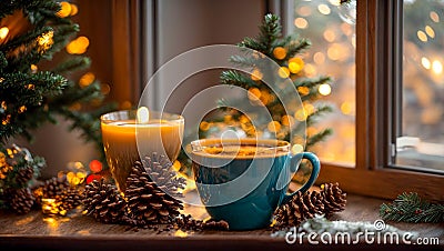 cup of coffee against the beautiful of a winter window mug comfortable composition Stock Photo