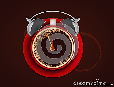 Cup of coffee with alarm clock. Wake up! Time for coffee. Vector Illustration