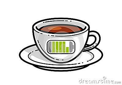 Cup of coffee with battery accumulator sign vector illustration or icon isolated on white, charge yourself concept, wakeup in Vector Illustration