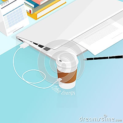 Cup of coffee battery energy charger isometric vector Vector Illustration