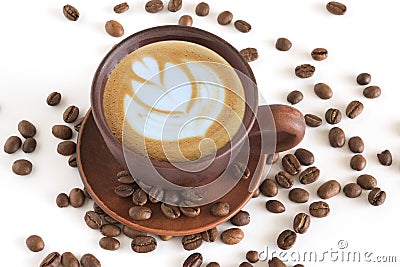 Cup of coffee, and coffee beans close up on a white background Stock Photo