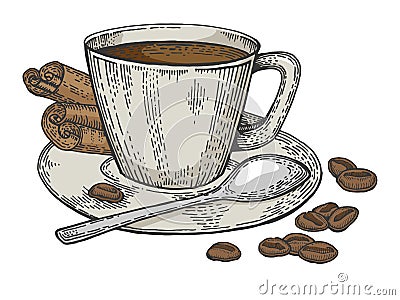 Cup of coffee and beans color sketch engraving Vector Illustration