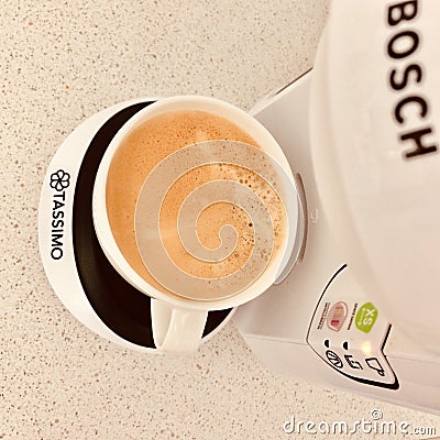 Cup of coffee on Bosch coffeemaker Editorial Stock Photo