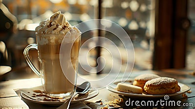 Cup of coffee, cafe latte and a piece of cake on the table in fashionable coffee shop, cafeteria Stock Photo