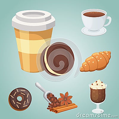 Cup of coffee, cappuccino, latte and chocolate food. Sweet deserts time. Vector Illustration