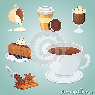 Cup of coffee, cappuccino, latte and chocolate food. Sweet deserts time. Vector Illustration
