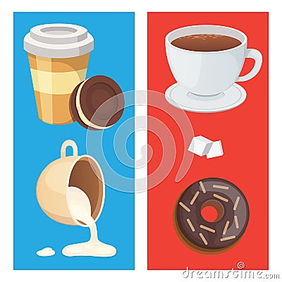 Cup of coffee, cappuccino, latte and chocolate food. Sweet deserts time. Vector Illustration