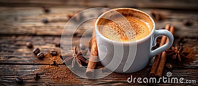 A Cup of Coffee With Cinnamons and Star Anise Stock Photo