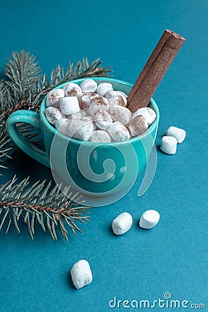 Cup of coffee or cocoa with marshmallows and cinnamon and fir branches on turquoise close up. Vertical orientation. Stock Photo