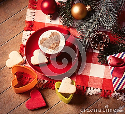 Cup of coffee, cookies and christmas decorations Stock Photo