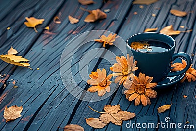 a cup of coffee on a country wooden table with orange marigolds and leaves Stock Photo