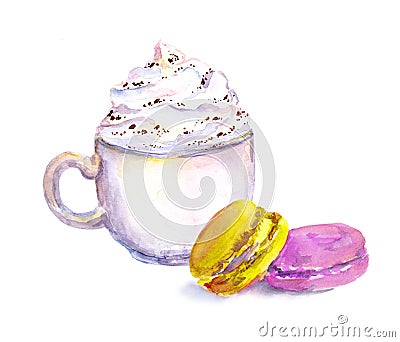 Cup of coffee with cream, macaroons cakes. Watercolor Stock Photo