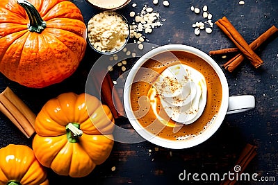 Cup of coffee with creamy side of cinnamon and pumpkin peels Stock Photo