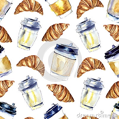 Cup of coffee and croissant seamless pattern. Watercolor illustration. Stock Photo