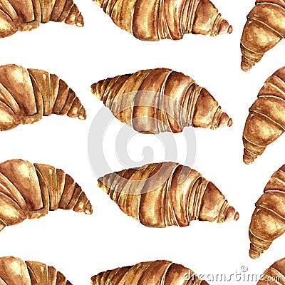 Cup of coffee and croissant seamless pattern. Watercolor illustration. Stock Photo