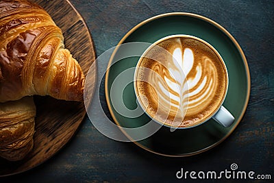 Cup of coffee and croissant. Traditional french breakfast. Generative Ai Stock Photo
