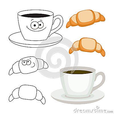 Cup of coffee and croissants set. Vector Illustration