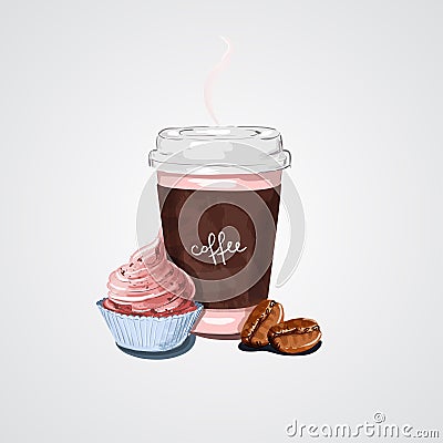 Cup of coffee, cupcake and coffee beans. Vector illustration Vector Illustration