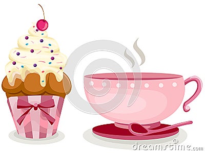 Cup of coffee and cute cup cake Vector Illustration