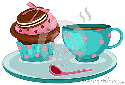 Cup of coffee and cute cup cake Vector Illustration