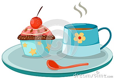 Cup of coffee and cute cup cake Vector Illustration