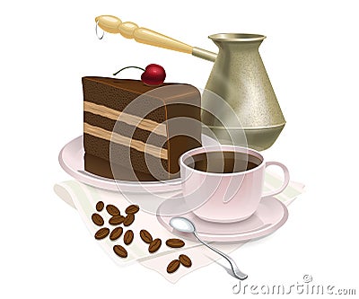 Cup of coffee and delicious cake Vector Illustration