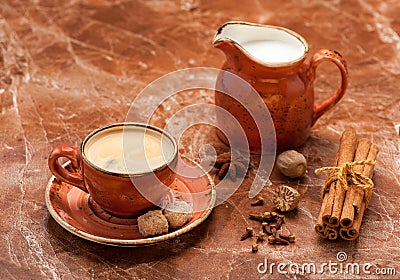 Cup coffee espresso, milk and spices. Stock Photo