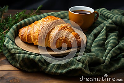 cup of coffee and freshly baked croissant in the morning light. Cozy Coffee and Pastry Moment Stock Photo