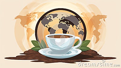 a cup of coffee and a globe on a brown background Stock Photo