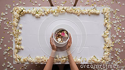 Cup of coffee in hands on table. Rose petals. Flatlay Stock Photo