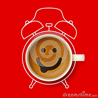 Cup of coffee with happy smiling face and silhouette of alarm clock Stock Photo