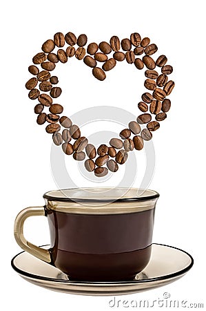 A cup of coffee with a heart of grains Stock Photo