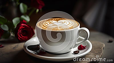 a cup of coffee with a heart and roses generated by artificial intelligence Stock Photo