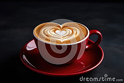 Cup of coffee with heart shape latte art on black background, Cup of cappuccino with heart shape on foam, AI Generated Stock Photo