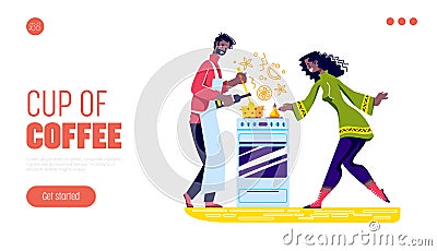 Cup of coffee landing page template with turkish man and woman making coffee in traditional turk Vector Illustration