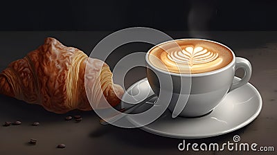 A cup of coffee with latte art and a croissant on a plate three generative AI Stock Photo