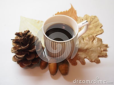 A cup of coffee and leaves Stock Photo