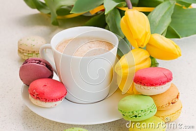 Cup of coffee with macaroons Stock Photo