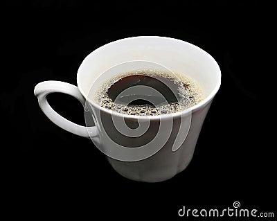 A Cup of coffee made of white ceramic with a film isolated on a black background Stock Photo